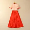 2024 Spring Orange Floral Embroidery Sheer Tulle Dress Short Sleeve Round Neck Sequins Midi Casual Dresses S3D041123