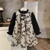 Girl Dresses Kids Girls Vintage Flower Dress For Toddler Baby Long Sleeve Fleece Fall Winter Casual Clothing Elegant Black Clothes