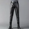 Herrbyxor Herrläderbyxor mager fit Elastic Fashion Pu Leather Biker's Trousers Nightclub Party Dance Pants Thin 231208
