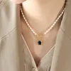 Pendant Necklaces Trendy Freshwater Pearl Necklace Ladies Jewelry Punk Hip Hop Black Zircon Couple Stainless Steel