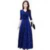 Casual Dresses Women Dress Velvet Big Swing kjol Floral Mönster V Neck Spring Elegant Long Wedding Kvinnlig Robe Ladies Vestidos