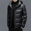 Neue verdickte Leder-Daunenjacke mittleren Alters für Herren, lässig, solide weiße Entendaunen, warme Kapuze, koreanische Lederjacke