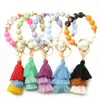 Keychains Vintage Printed Silicone Beads Bracelet Key Ring For Girls Child Fashion Tassel Keyring Pendant Hand Bag Accessories Gift