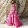 Sukienki swobodne ładne fuchsia różowe długie suknie balowe pełne rękawy koronkowe ukochane skromna sukienka imprezowa A-line warstwy Tiulle Formal