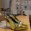 Nowy luksusowy projektant czarny spiczasty obcasy slingback buty na wysokim obcasie Spike metalowa klamra damskie buty mody sztyletowe obcasy sandały back