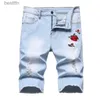 Men's Jeans Summer Red Rose Embroidered Jeans Shorts Men's Fashion Casual Shorts Black Blue White Men Torn and Frayed Denim ShortsL231208