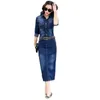 Базовые повседневные платья 2023, весна-осень для женщин, винтажное джинсовое платье, синие джинсы с длинными рукавами и запахом, Vestidos S3XL 231207