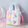 Bolsas Kid Bordado Unicórnio Pelúcia Crossbody Bolsas e Bolsas Meninas Arco-íris Fluffy Bolsa Bonito Dos Desenhos Animados Bolsa De Ombro Peludo 231208