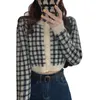 Malhas femininas coreano houndstooth camisola curta cardigan jaqueta feminina elegante imitação de lã de vison malhas topos vintage o pescoço de malha