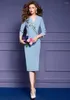Casual Dresses Elegant Luxury Embroidery Office Pencil Dress Women Autumn 2023 Three Quarter Sleeve Party Special Events Vestido Blue