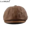 La Spezia Khaki Men's Newsboy Hap Genuine Cowskin Leather Cap Cap Male Beret Autumn Winter Men Vintage Duckbill Hats 20211u