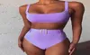 Costume da bagno bikini a vita alta tinta unita viola gamba alta con strass cintura costume da bagno da spiaggia costume da bagno push up imbottito in due pezzi Biquini1528814