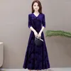 Casual Dresses Women Dress Velvet Big Swing kjol Floral Mönster V Neck Spring Elegant Long Wedding Kvinnlig Robe Ladies Vestidos