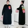 Vestidos casuais nyfs 2023 outono coreia mulher vestido vestidos robe elbise solto plus size preto manga longa carta impressão