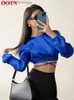 Women's T-Shirt OOTN Sexy Blue Fashion Woman Blouse 2023 Autumn Lace Up Backless Crop Top Long Sle Wrap Top Elegant Satin O-Neck Shirt WomenL231208