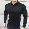 Homens camisetas Coreano Outono Casual Fitness Camisa Homens Botão Sólido Slim Elástico Versátil Esportes Respirável Secagem Rápida Long Sled Tops L231208