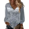 Blouses Femmes Femmes Polyester Top Sequin Col V Blouse à manches longues pour respirant mi-longueur pull chemise avec patchwork brillant automne