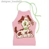 Women's Tanks Camis Karrram Y2k Puppy Embroidery Camisole Harajuku Kaii Knitted Halter Top Japanese Sweet Pink Tank Top Dog Cute Cami Top Backless L231208