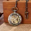 Relógios de bolso retro steampunk esqueleto mecânico fob relógio de bolso colar pingente mão-enrolamento masculino feminino corrente presente 231207
