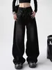 女子ジーンズのデザインカジュアルブラックファッションe-ガールワイドレッグパンツデニムクラシック2000年