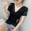 T-shirt Femme M-5XL Femmes Dentelle Tops Nouveautés 2023 Été Court Sle V-Cou Femmes Blouse Chemise Sexy Creux Out Laçage VêtementsL231208