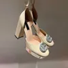 Boucle en cristal Bout rond Plate-forme Sandales Escarpins en cuir verni Chunky Block Talons hauts Plaque de cheville Sangle Chaussures habillées à talons Chaussure de créateur pour femme 11,5 cm avec boîte