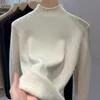 女性SニットTシャツ冬のフリース裏地濃厚編み底部シャツ半分タートルネックプルオーバーサーマル衣服固体色231208
