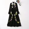 2024 Primavera Vestido bordado con estampado negro Manga larga Cuello de solapa Vestidos casuales midi con paneles S3D041130