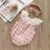 Rompers Plaid Lace Born Baby Bodysuits Summer Sleeveless Jumpsuit For Toddler Infant Girls Onesie 2pcs With Headbands