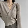 Suéter feminino envoltório de cor sólida, suéter suave temperamento cintura apertando pulôver fino de malha outono e inverno