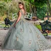 Sage Green Sweetheart Quinceanera Dress Floral Flowers Applique Lace Pärla Princess Ball Gown Sweet 16 Party Vestidos 15 De XV ANOS