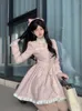 Günlük elbiseler pembe tatlı fırfır yakalı uzun kollu kadınlar Sonbahar A-line mini elbise Kore sevimli tek göğüslü y2k zarif pilili parti