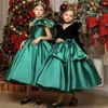 Girl Dresses Vintage Velvet Girl's Prom V-neck Tea Length Emerald Green Kids Christmas Party Gown Bow Flower Pageant Dress