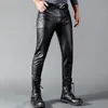 Herrbyxor Herrläderbyxor mager fit Elastic Fashion Pu Leather Biker's Trousers Nightclub Party Dance Pants Thin 231208