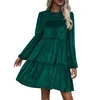 Basic Casual Dresses Velvet Dress Autumn Spring Long Sleeve Tiered Swing Elegant Ladies Ruffle Hem Cocktail Party Green Robe 231207