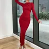 Casual Kleider 2024 Elegante Langarm Plissee Party Kleid Frühling Herbst Rundhals Schlank Mode Dünne Feste Pendeln Büro