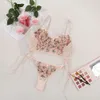 Sexy Women's Pink Lace Exquisite Embroidery Bra Thong Transparent Hollow Side Strap Underwear Panty Lingere Set