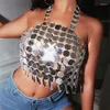 Kvinnors tankar Sexiga glittrande metalliska paljetter Akryl Tassels Halter Crop Top for Women Party Rave Nightclub Body Jewelry Accessories