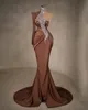 Classic Brown Sequins Shiny Prom Dresses Arabic Aso Ebi One Shoulder Long Sleeve Formal Party Gowns Sweep Train Women Mermaid Second Reception Evening Dress