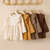 Robes d'automne décontractées pour bébés filles, en coton et lin, couleur unie, à volants, ligne a, manches longues avec boutons, pour nourrissons en bas âge