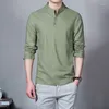 남자 정장 A3212 Tops Tees 남성 패션 티셔츠 스탠드 칼라 긴팔 슬림베이스 셔츠 Homme Linen 티셔츠