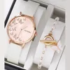 Andere Horloges 2Pc Armband Horloge Set Mooi Roze Lederen Band Quartz voor Dames Dames Casual Dress Klok Polshorloge Reloj Mujer 231207