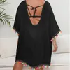 Women's Swimwear Plus Size Beach Bikini Smock Solid Color Bandage Blouse Dress Female Ladies Large Tassel Loose Swimsuit Cover-ups