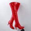 Stövlar lår höga stövlar kvinnor rött vitt svart mode över knästövlarna patent sexig nattklubb dans damer långa skor stor storlek 48 231207