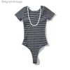 Women's T-Shirt Summer Backless O-neck Bodysuit Women Short Sle Striped Jumpsuits Stretchable TopsL231208