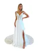 Flowy White Chiffon A Line Wedding Dresses Spaghetti Straps Elegant Lace Tassel Pearls Long Train Bridal Gowns Sexy Side Split Backless Bride Robes de Mariee CL3025