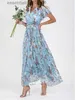 الثياب الحضرية المثيرة في Fe Vintage Floral Printing Drity Chic Women Summer Elegant v Neck Maxi Party Dresses Discal Chiffon Beach Long Vestido L231208