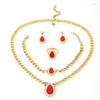 Necklace Earrings Set Stainless Steel Cuban Chain Bracelet Red Water Drop Ring Zircon Jewelry Collana E Orecchini Bracciale