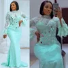 Mint Plus Size Aso Ebi Prom Dresses Illusion Mermaid Long Sleeves Lace Mirror Sequin Evening Dress African Second Reception Gowns Elegant Vestidos De Gala Gown ST612