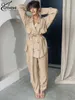 Tweedelige damesbroek Oymimi Elegante kaki 2-outfitset voor dames Mode, lange mouwen, vetersluiting, dubbele rij knopen, zakken, overhemd en eenvoudige broek 231208